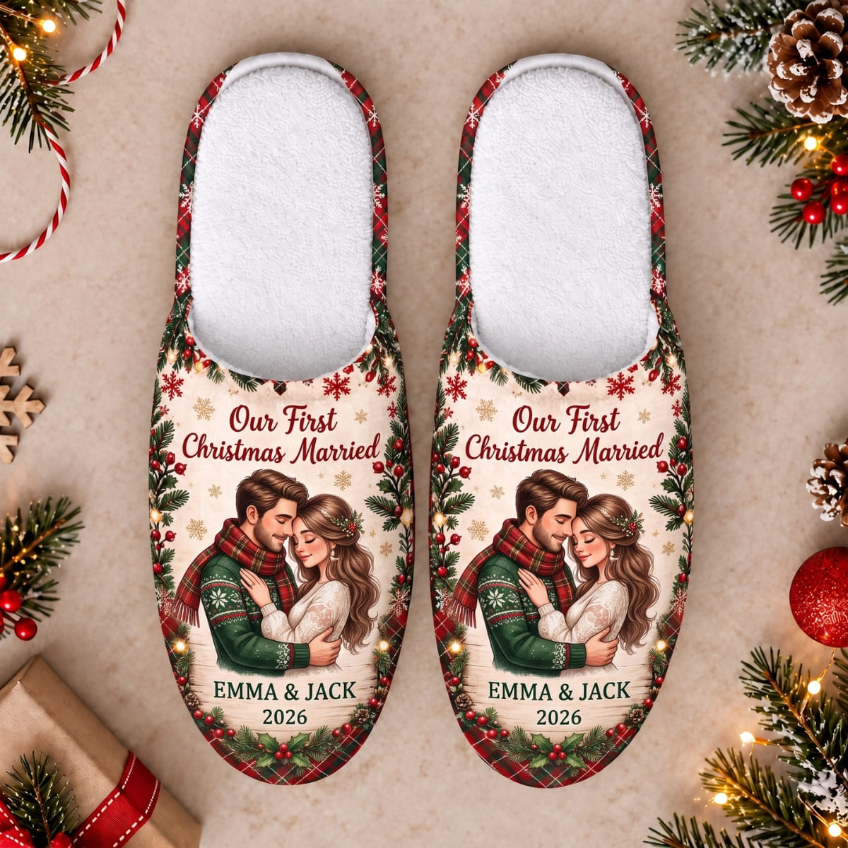 Personalized Our First Christmas Married Slippers - Custom Photo & Name | Christmas Gift | SLP01 Couples