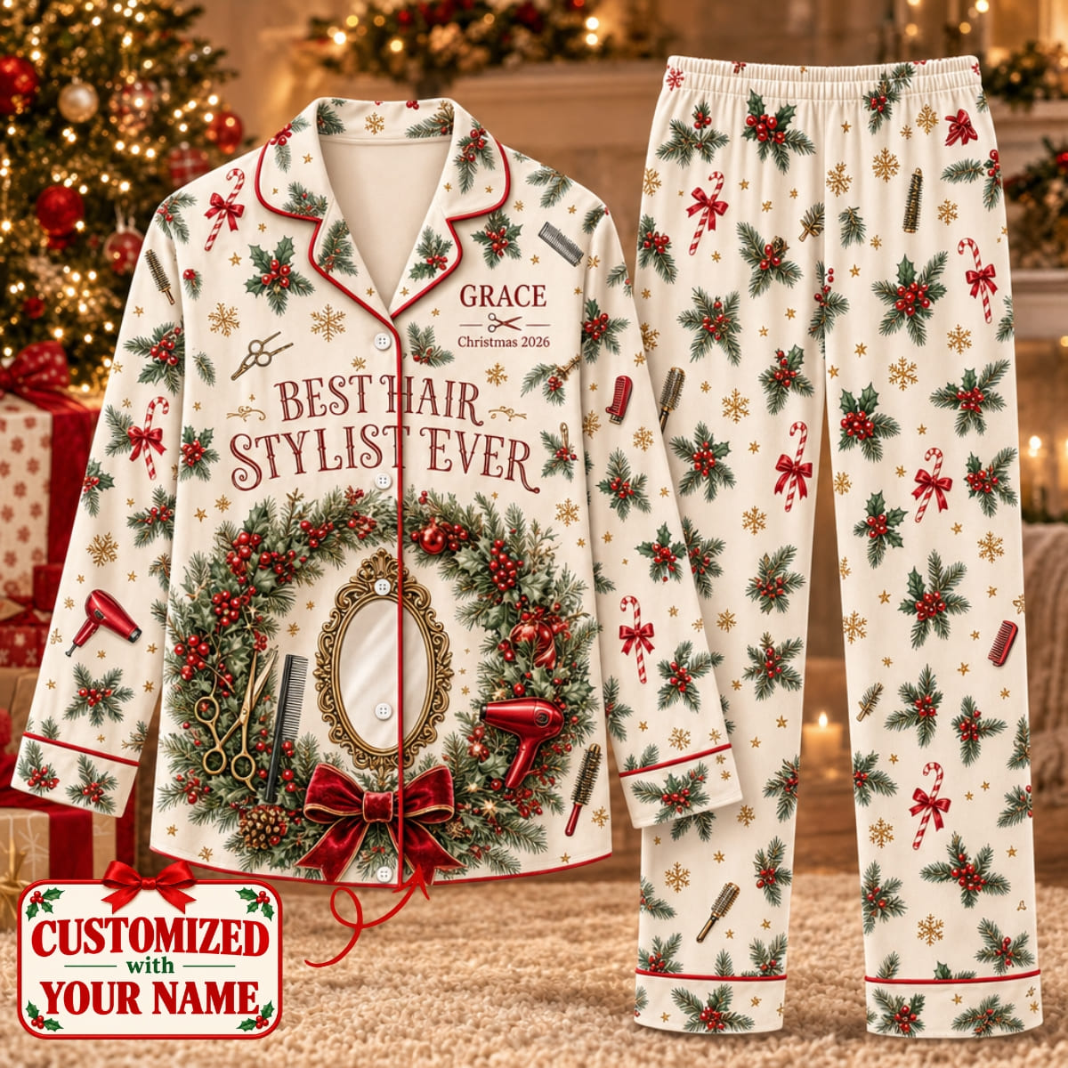 Personalized Hair Stylist Christmas Long Pajama Set - Custom Name | Christmas Gift | PYM01 Occupations