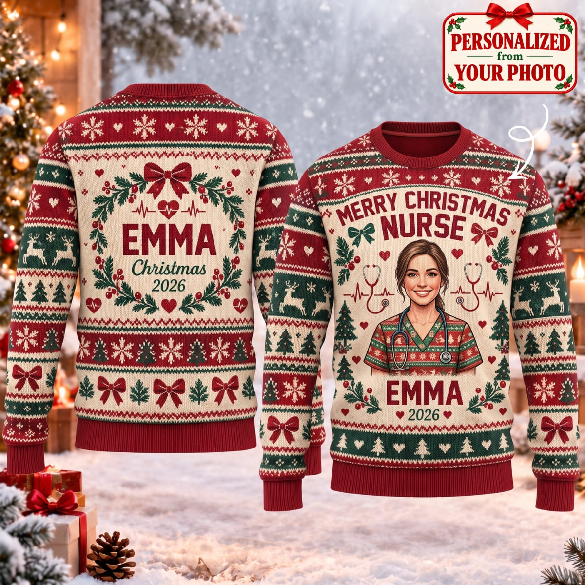 Personalized Merry Christmas Nurse Ugly Sweater - Custom Photo & Names | Christmas Gift | UGS01 Occupations