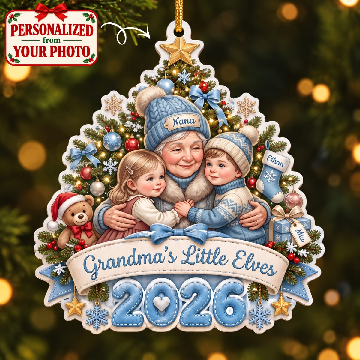 (Made In The USA) Personalized Grandma's Little Elves Blue Christmas Ornament - Custom Photo & Name | Christmas Gift | ONM04 Family