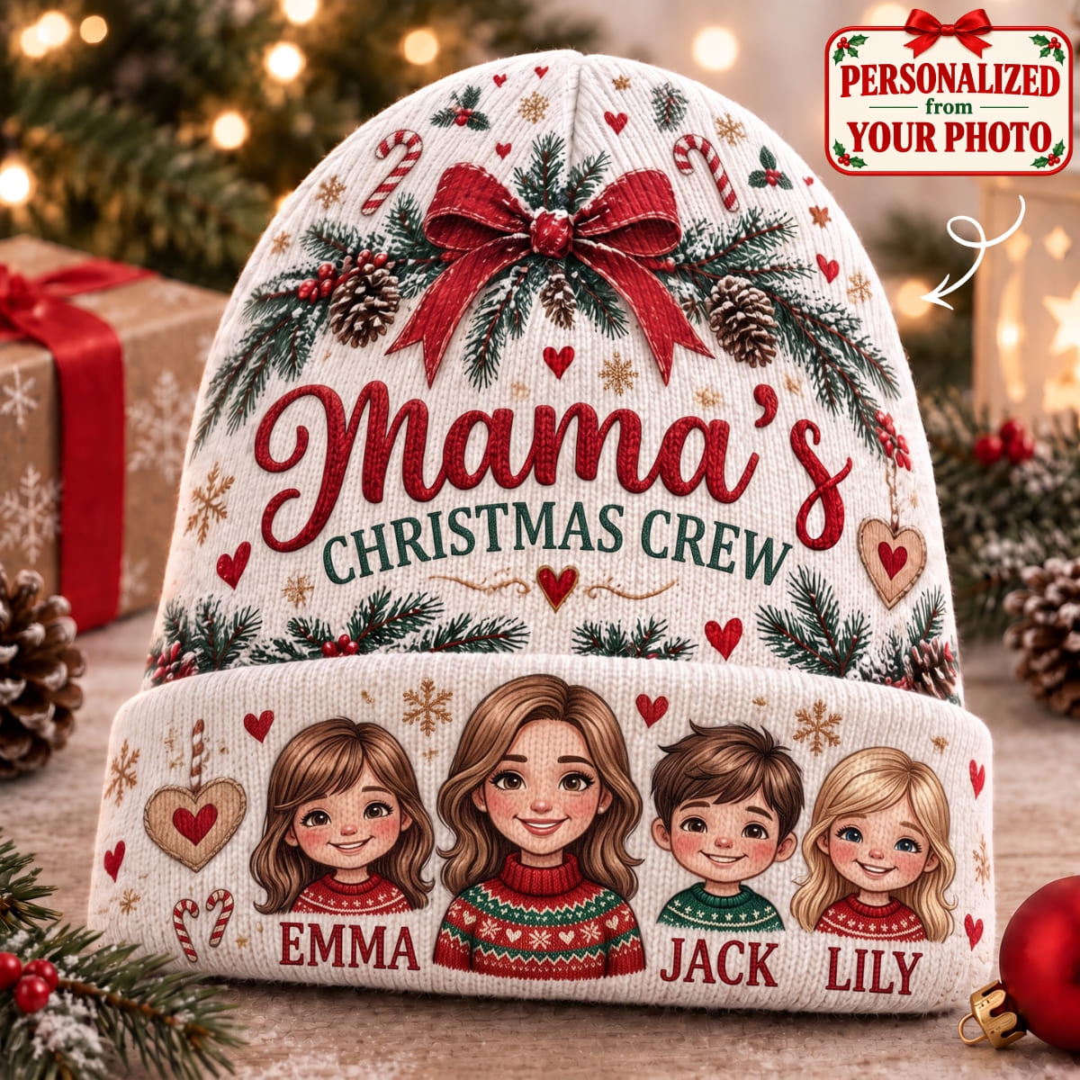 Personalized Mama's Christmas Crew Knitted Hat - Custom Photo & Name | Christmas Gift | ML01 Family