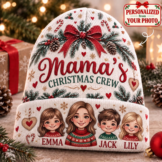 Personalized Mama's Christmas Crew Knitted Hat - Custom Photo & Name | Christmas Gift | ML01 Family