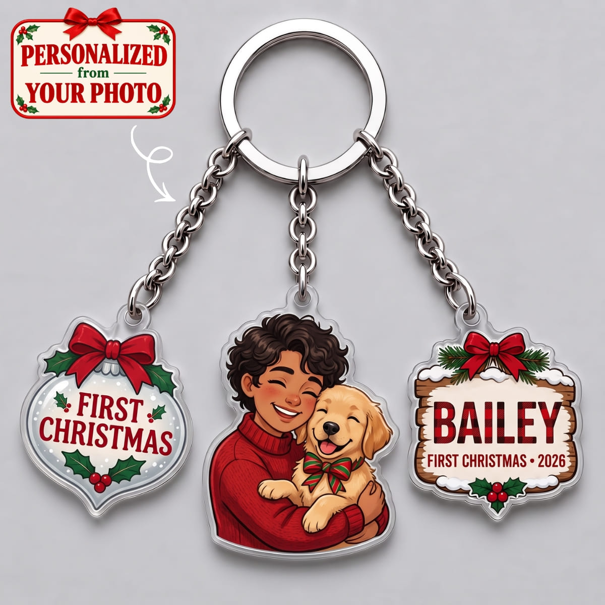 Personalized Pet First Christmas Triple Charm Keychain - Custom Photo & Names | Christmas Gift | KC01 Pets