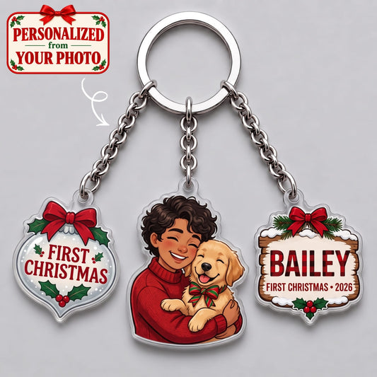Personalized Pet First Christmas Triple Charm Keychain - Custom Photo & Names | Christmas Gift | KC01 Pets