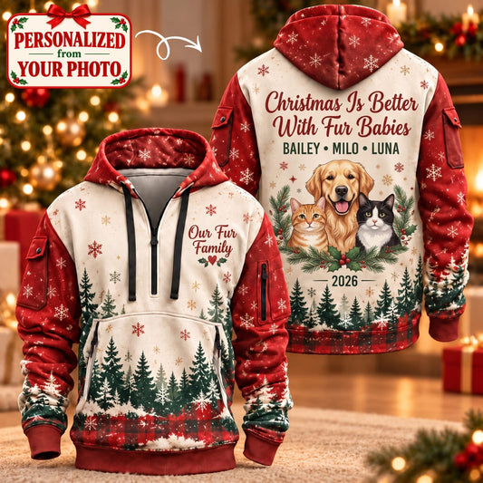 Personalized Pet Our Fur Family Quarter Zipper Hoodie - Custom Photo & Name | Christmas Gift | HDZ01 Pets