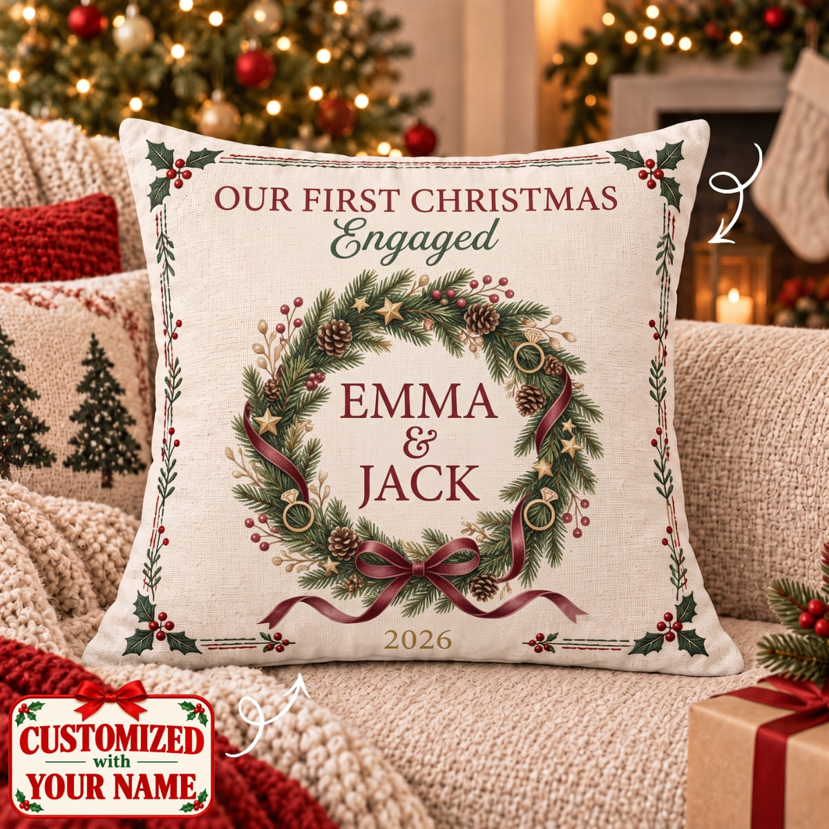 Personalized Our First Christmas Engaged Pillow - Custom Name | Christmas Gift | HPL01 Couples