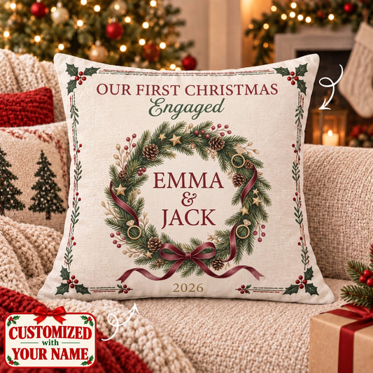 Personalized Our First Christmas Engaged Pillow - Custom Name | Christmas Gift | HPL01 Couples
