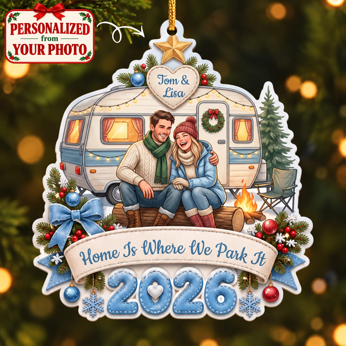(Made In The USA) Personalized Home Is Where We Park It Blue Christmas Ornament - Custom Photo & Name | Christmas Gift | ONM04 Hobbies & Lifestyle