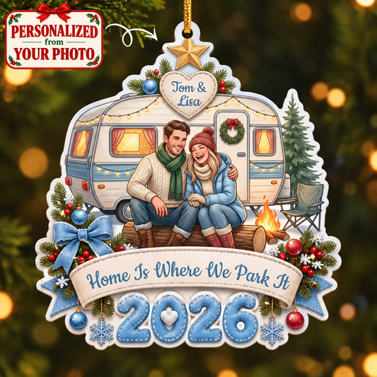 (Made In The USA) Personalized Home Is Where We Park It Blue Christmas Ornament - Custom Photo & Name | Christmas Gift | ONM04 Hobbies & Lifestyle