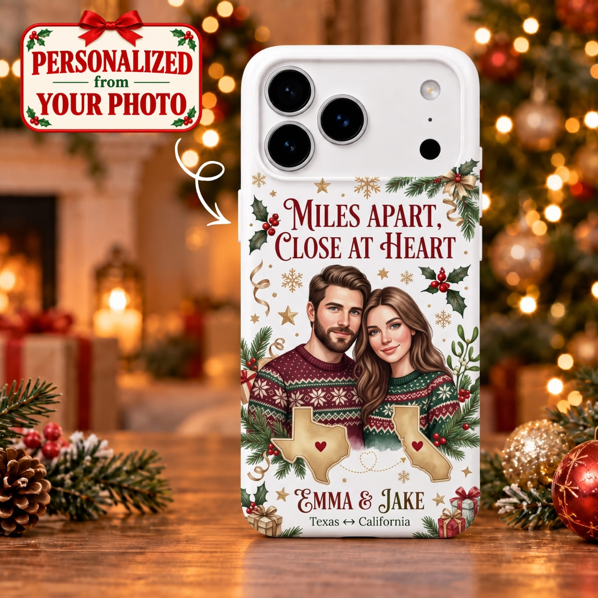 Personalized Miles Apart - Close At Heart iPhone Case - Custom Photo & Name | Christmas Gift | PHC01 Couples