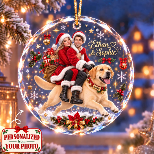 (Made In The USA) Personalized Couple & Pet Christmas With You Round Glass Ornament - Custom Photo, Name & Pet | Christmas Gift | ONM01 Couples