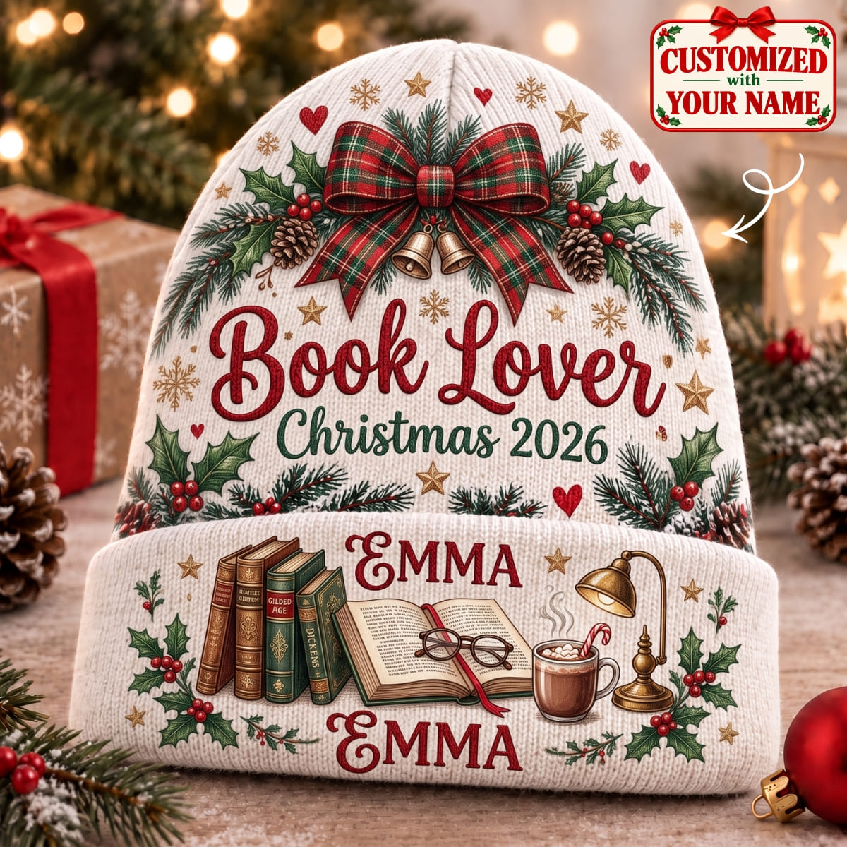 Personalized Book Lover Christmas Knitted Hat - Custom Name | Christmas Gift | ML01 Hobbies & Lifestyle