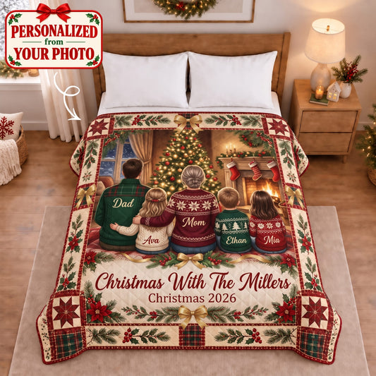 Personalized Christmas With The Family Quilted Blanket - Custom Photo & Name | Christmas Gift | QBL01 Family