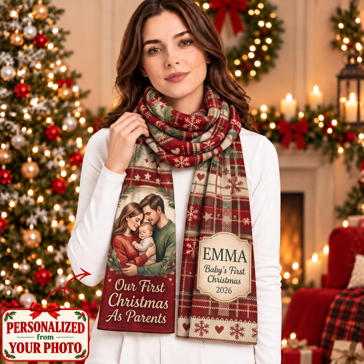 Personalized Our First Christmas As Parents Scarf - Custom Photo & Names | Christmas Gift | SCT01 Family