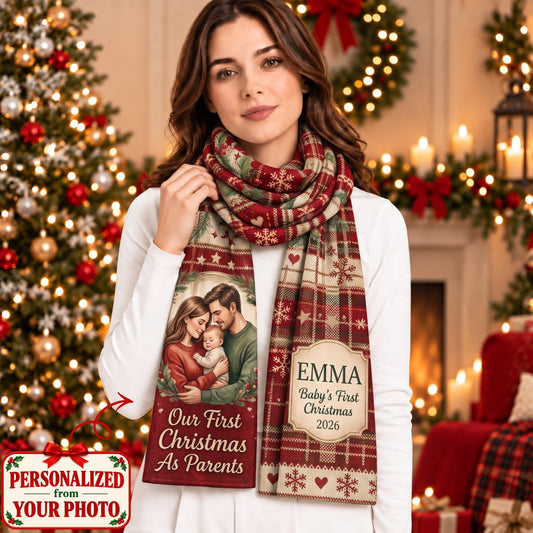 Personalized Our First Christmas As Parents Scarf - Custom Photo & Names | Christmas Gift | SCT01 Family