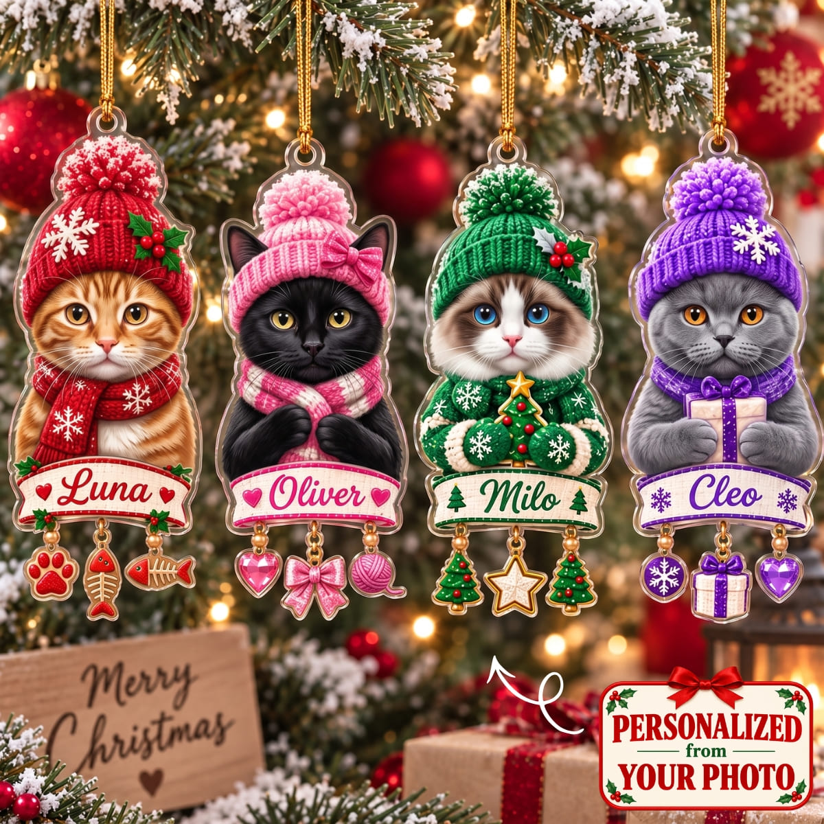 (Made In The USA) Personalized Cat Merry Christmas Ornament - Custom Photo & Name | Christmas Gift | ONM05 Pets