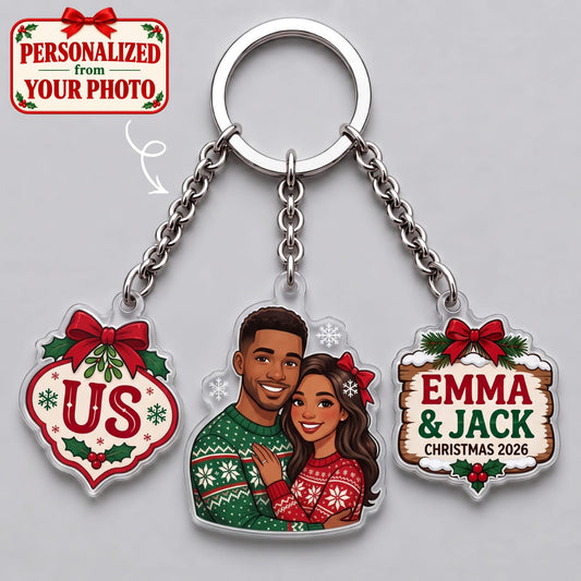 Personalized Couples Christmas 2026 Triple Charm Keychain - Custom Photo & Names | Christmas Gift | KC01 Couples