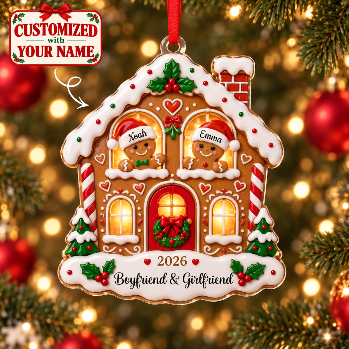 (Made In The USA) Personalized Boyfriend & Girlfriend Christmas Gingerbread House Acrylic Ornament - Custom Name | Christmas Gift | ONM02 Couples