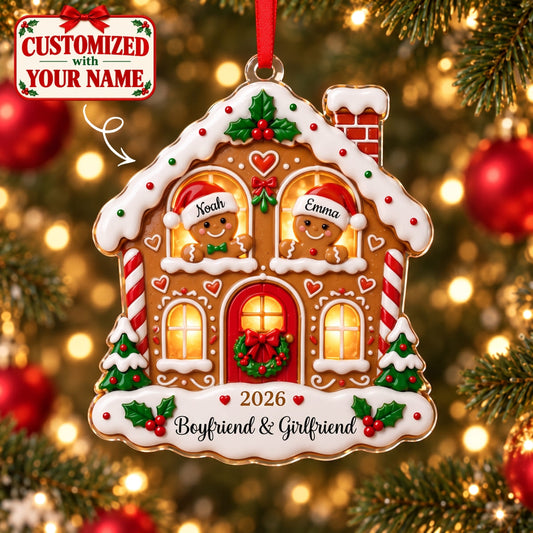 (Made In The USA) Personalized Boyfriend & Girlfriend Christmas Gingerbread House Acrylic Ornament - Custom Name | Christmas Gift | ONM02 Couples