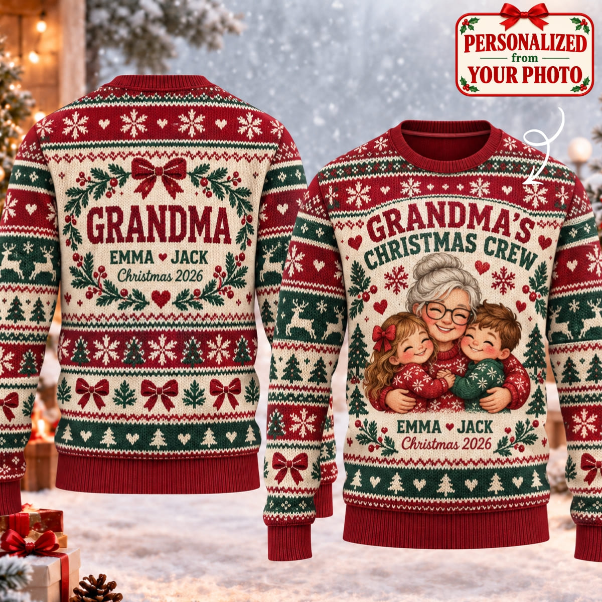 Personalized Grandma's Christmas Crew Ugly Sweater - Custom Photo & Names | Christmas Gift | UGS01 Family