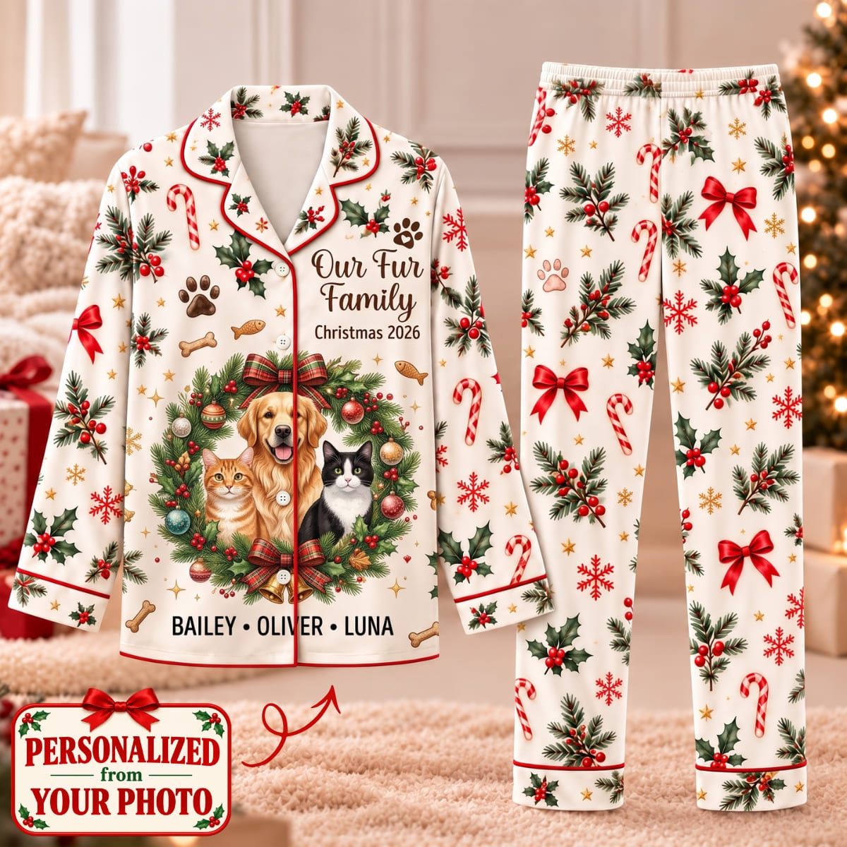 Personalized Pet Our Fur Family Long Pajama Set - Custom Photo & Name | Christmas Gift | PYM01 Pets