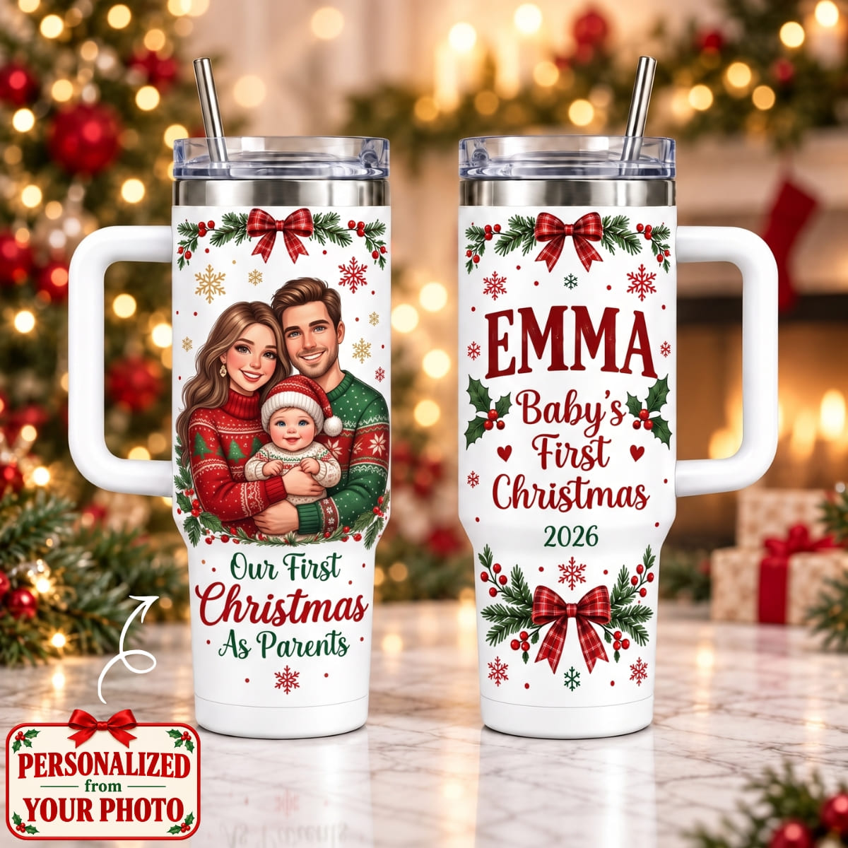 Personalized Our First Christmas as Parents & Baby’s First Christmas 40oz Tumbler with Handle – Custom Photo & Names | Christmas Gift | TBL01 Family