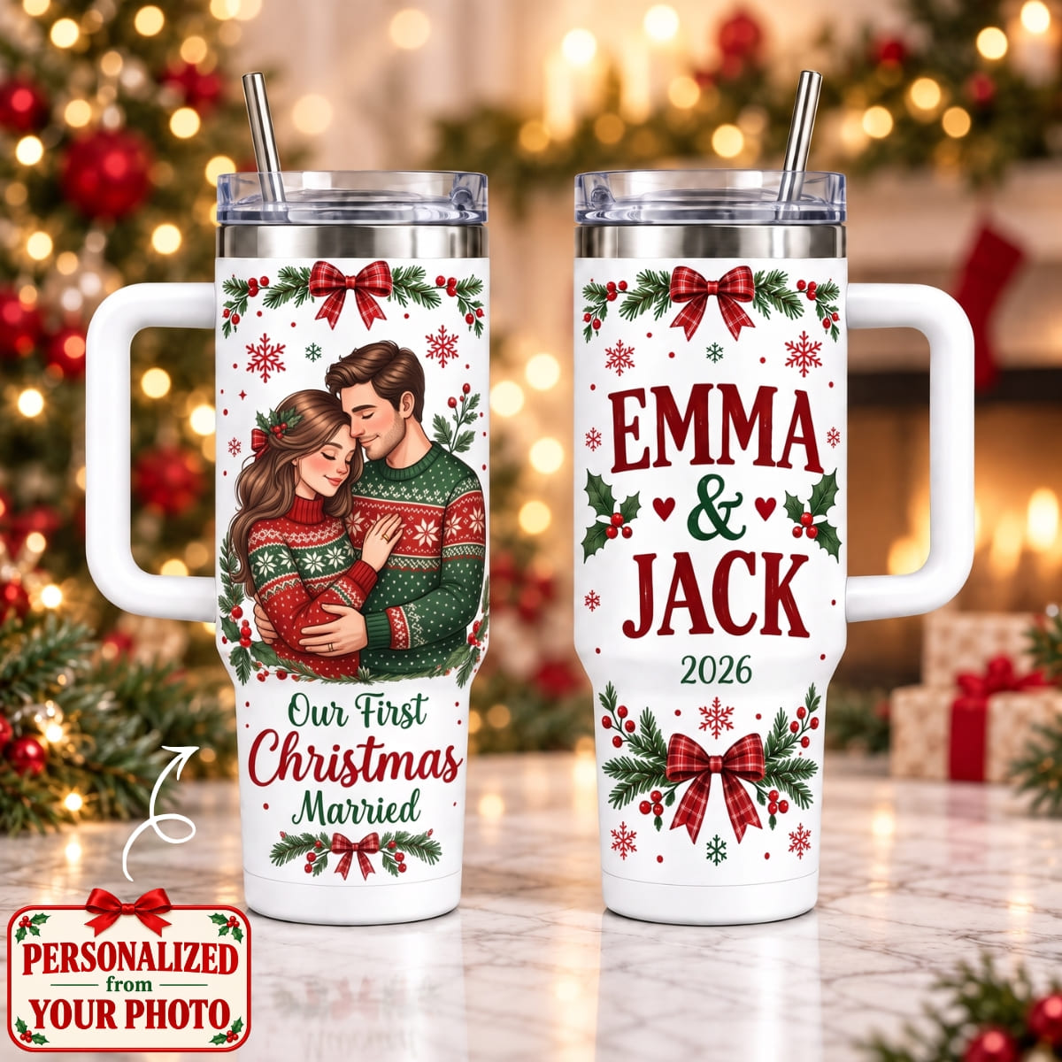 Personalized Our First Christmas Married 40oz Tumbler with Handle – Custom Photo & Names | Christmas Gift | TBL01 Couples