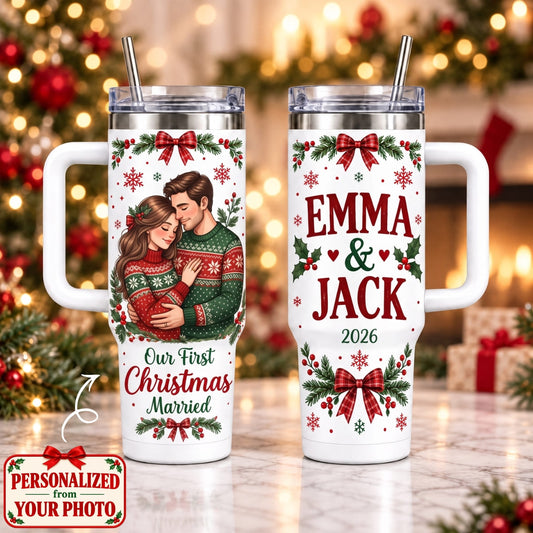 Personalized Our First Christmas Married 40oz Tumbler with Handle – Custom Photo & Names | Christmas Gift | TBL01 Couples