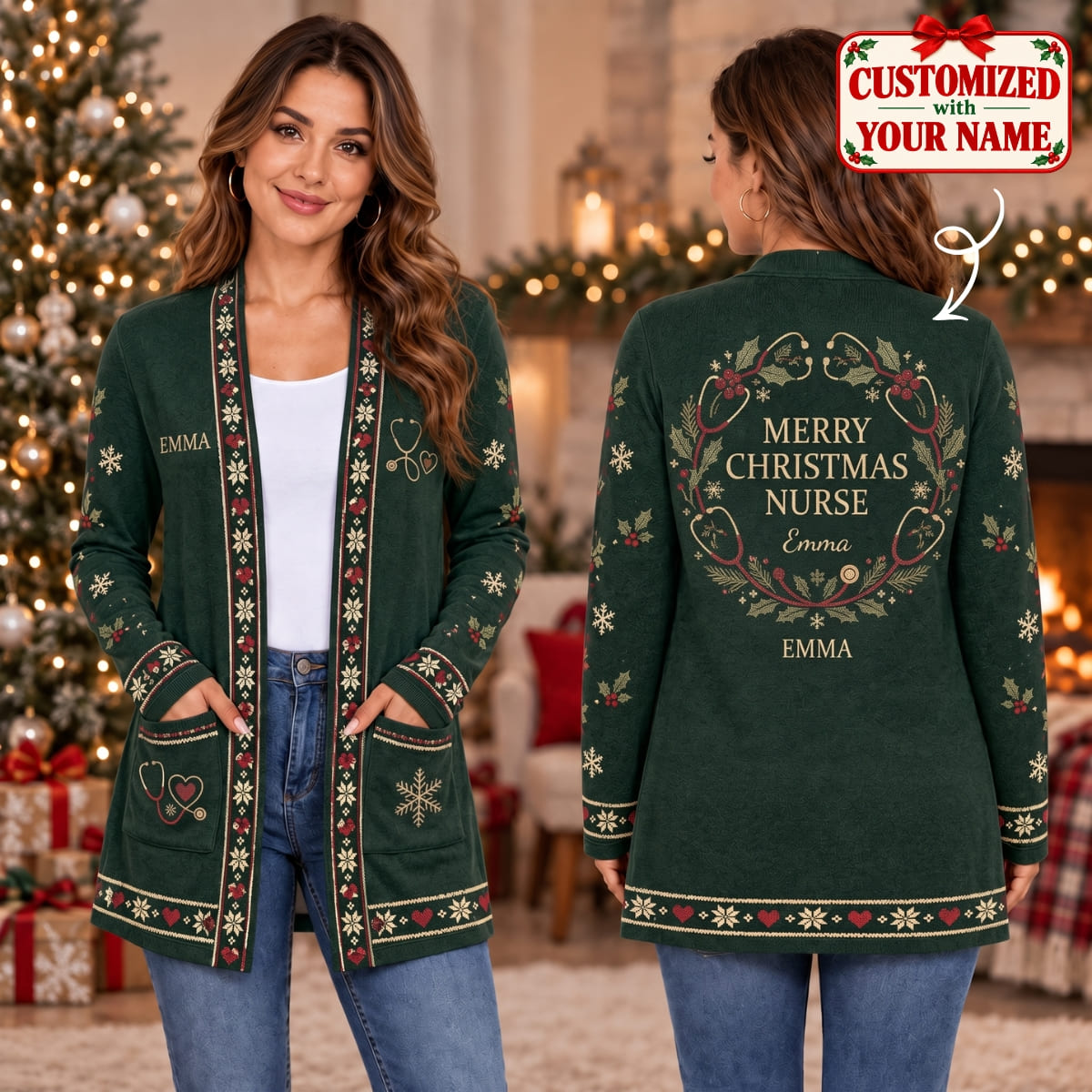 Personalized Merry Christmas Nurse Long Sleeve Cardigan - Custom Name | Christmas Gift | CDG01 Occupations