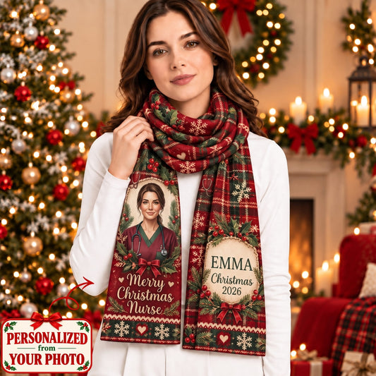 Personalized Merry Christmas Nurse Scarf - Custom Photo & Names | Christmas Gift | SCT01 Occupations
