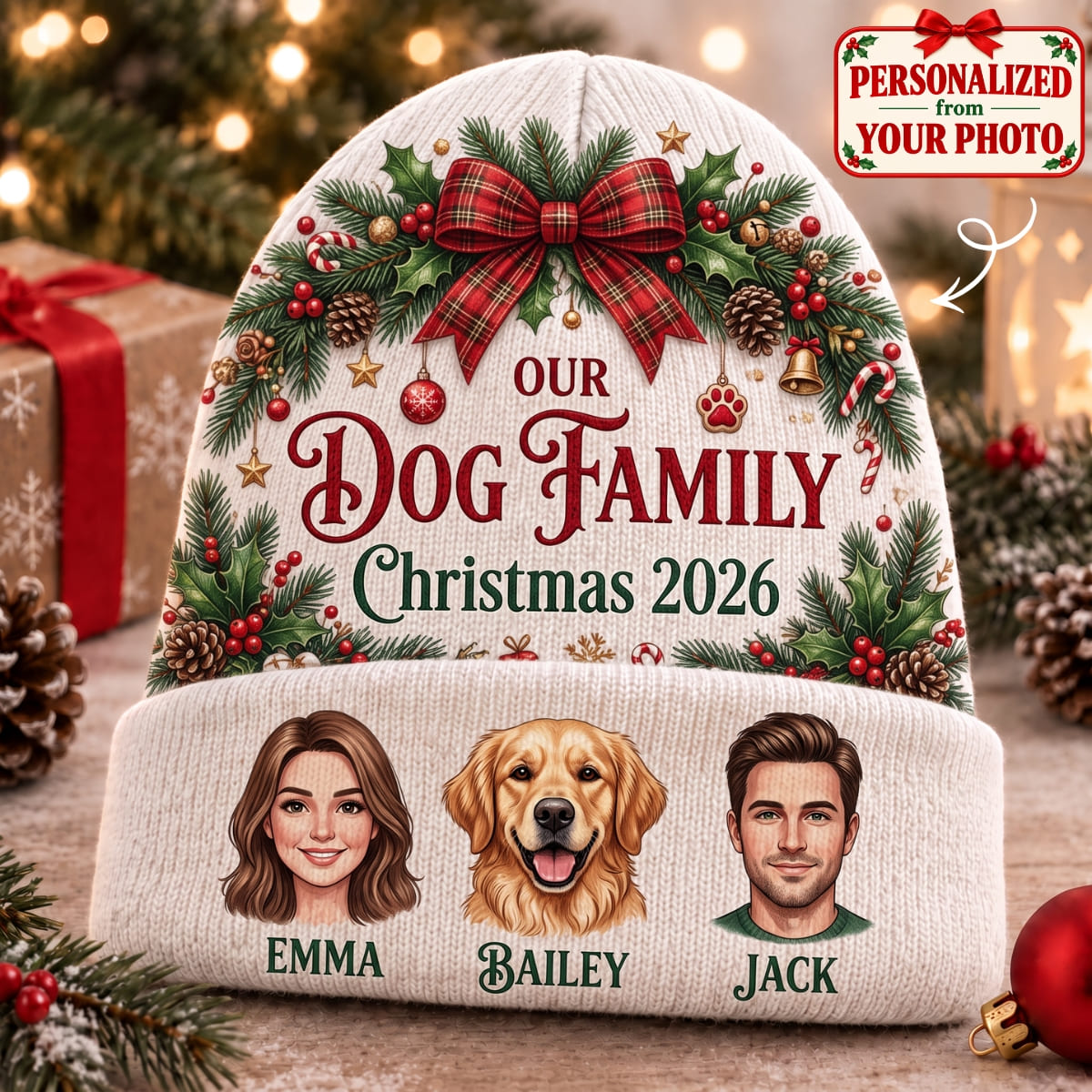 Personalized Our Dog Family Knitted Hat - Custom Photo & Name | Christmas Gift | ML01 Pets