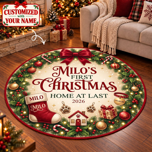 Personalized Pet First Christmas Round Rug - Custom Name | Christmas Gift | RRD01 Pets