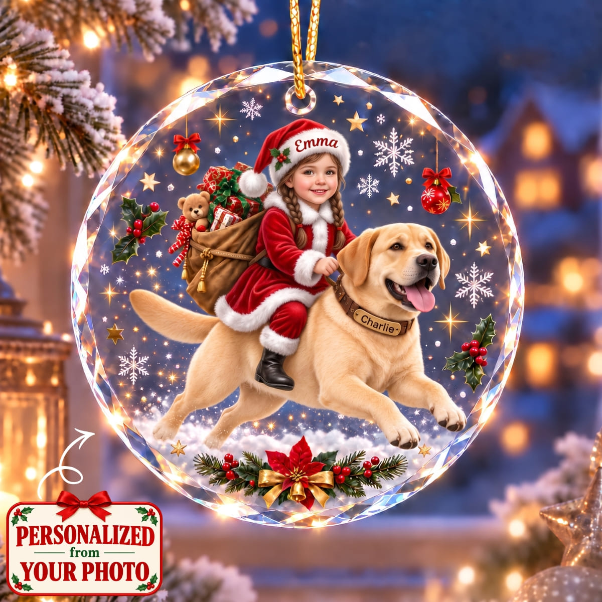 (Made In The USA) Personalized Daughter & Pet Christmas Round Glass Ornament - Custom Photo, Name & Pet | Christmas Gift | ONM01 Family