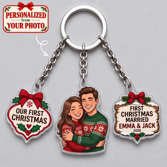 Personalized Our First Christmas Married Triple Charm Keychain - Custom Photo & Names | Christmas Gift | KC01 Family