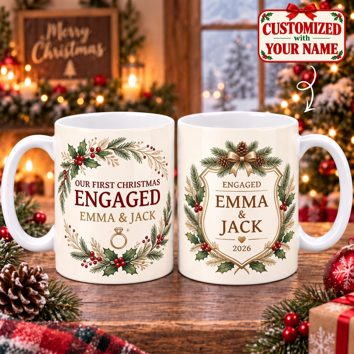 Personalized Our First Christmas Engaged Mug - Custom Name | Christmas Gift | MUG01 Couples