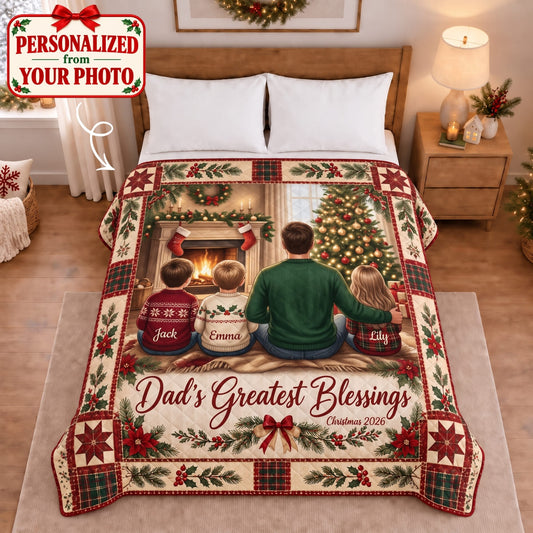 Personalized Dad's Greatest Blessings Quilted Blanket - Custom Photo & Name | Christmas Gift | QBL01 Family