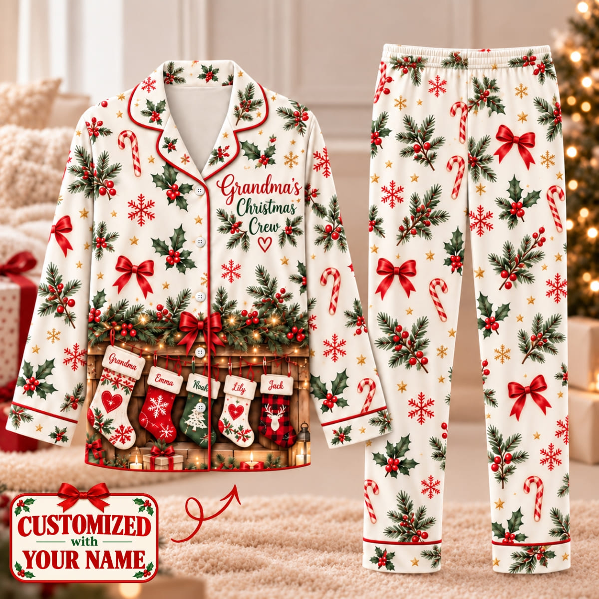 Personalized Grandma's Christmas Crew Long Pajama Set - Custom Name | Christmas Gift | PYM01 Family