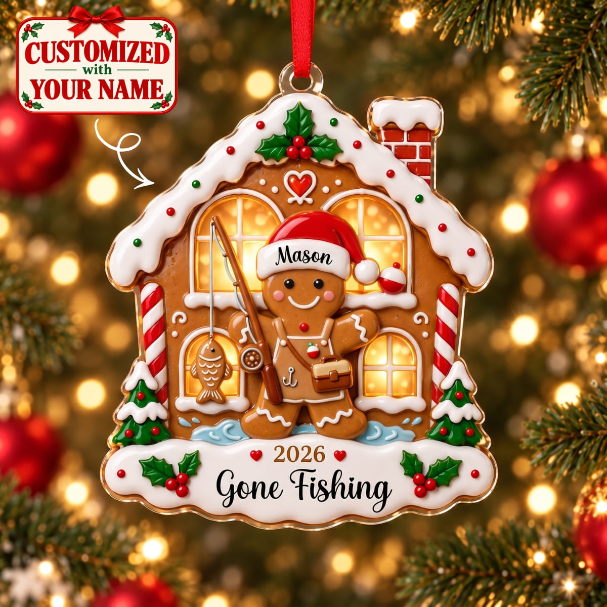 (Made In The USA) Personalized Fishing Christmas Gingerbread House Acrylic Ornament - Custom Name | Christmas Gift | ONM02 Hobbies & Lifestyle