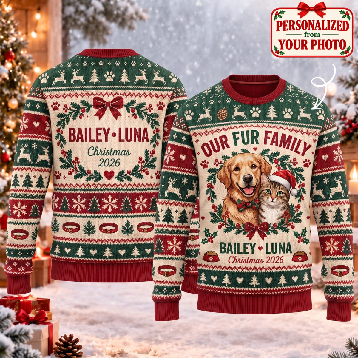 Personalized Pet Our Fur Family Ugly Sweater - Custom Photo & Names | Christmas Gift | UGS01 Pets