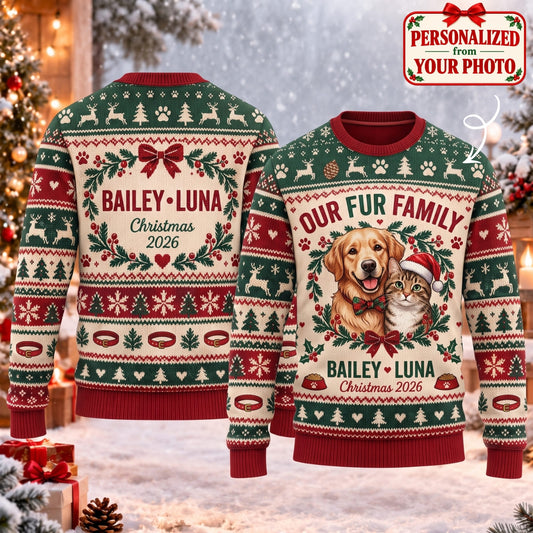 Personalized Pet Our Fur Family Ugly Sweater - Custom Photo & Names | Christmas Gift | UGS01 Pets