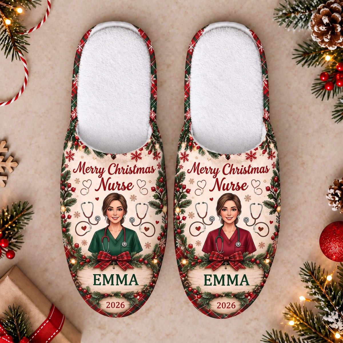 Personalized Merry Christmas Nurse Slippers - Custom Photo & Name | Christmas Gift | SLP01 Occupations