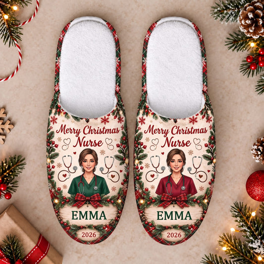 Personalized Merry Christmas Nurse Slippers - Custom Photo & Name | Christmas Gift | SLP01 Occupations