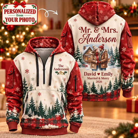 Personalized Couple Married & Merry Christmas Quarter Zipper Hoodie - Custom Photo & Name | Christmas Gift | HDZ01 Couples