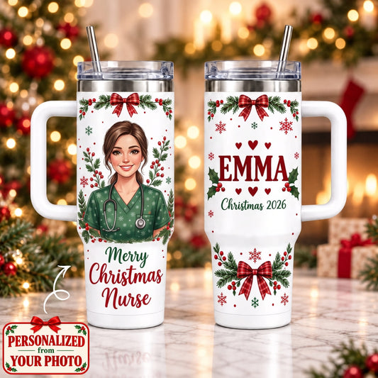 Personalized Merry Christmas Nurse 40oz Tumbler with Handle – Custom Photo & Names | Christmas Gift | TBL01 Occupations