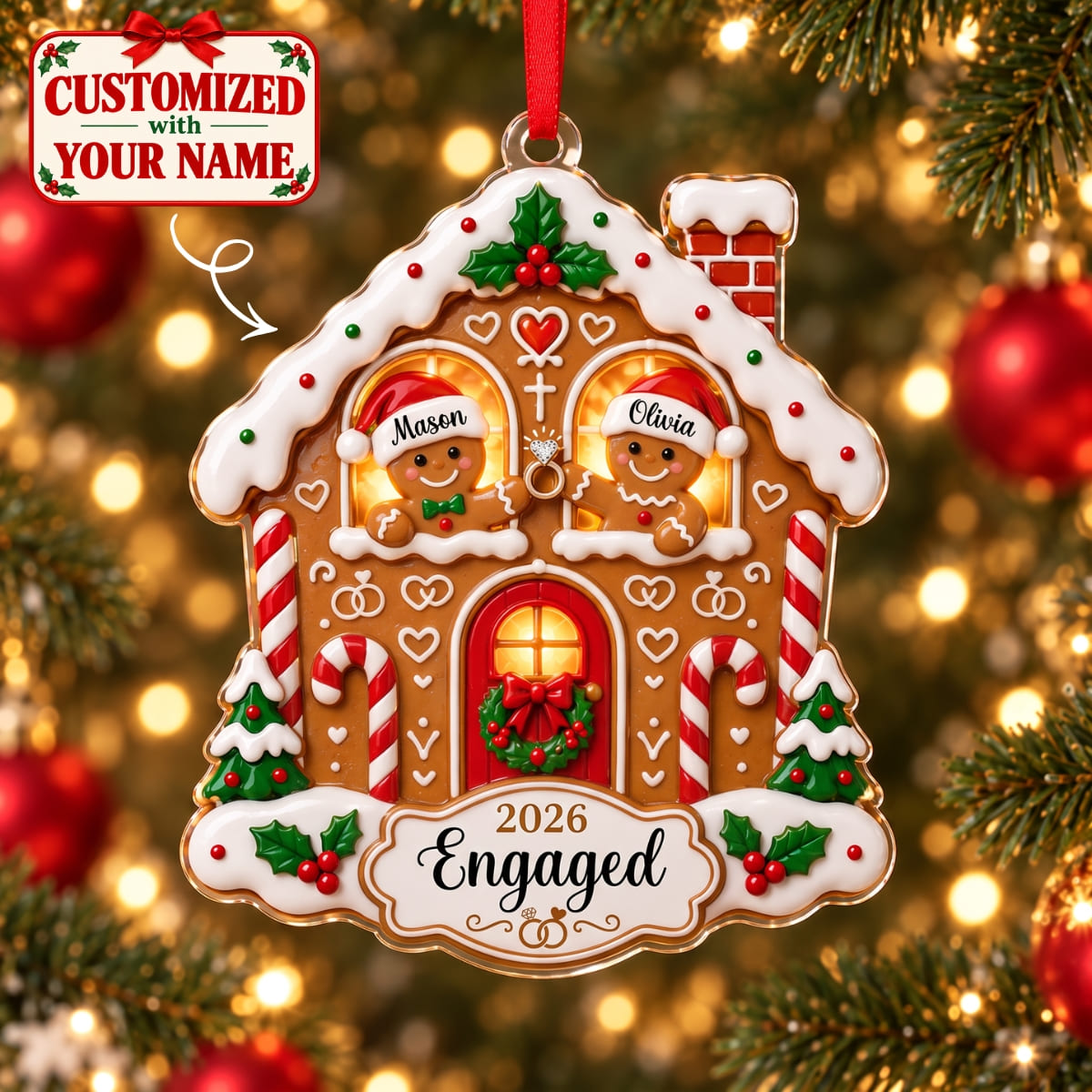 (Made In The USA) Personalized Couple Engaged Christmas Gingerbread House Acrylic Ornament - Custom Name | Christmas Gift | ONM02 Couples