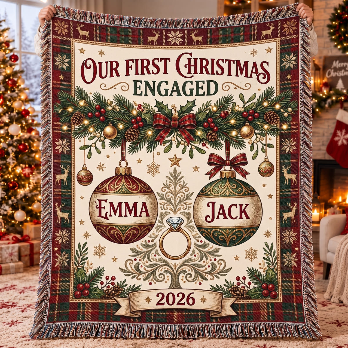 Personalized Our First Christmas Engaged Woven Blanket - Custom Name | Christmas Gift | WBL01 Couples