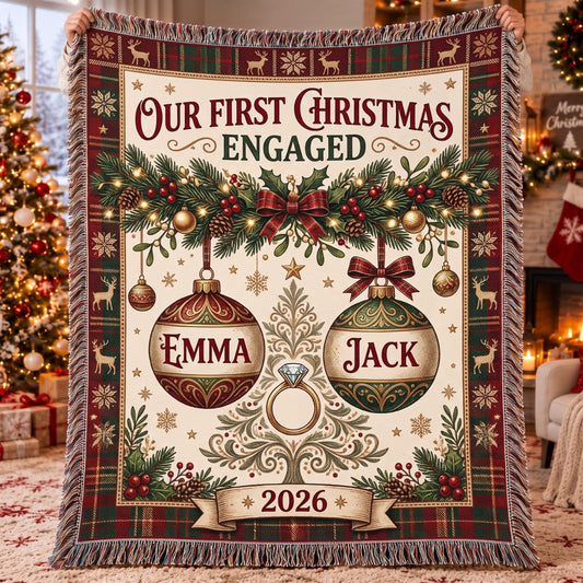 Personalized Our First Christmas Engaged Woven Blanket - Custom Name | Christmas Gift | WBL01 Couples