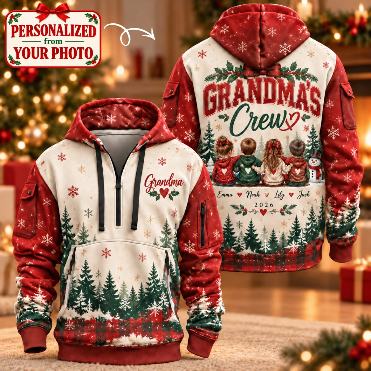 Personalized Grandma's Crew Christmas Quarter Zipper Hoodie - Custom Photo & Name | Christmas Gift | HDZ01 Family