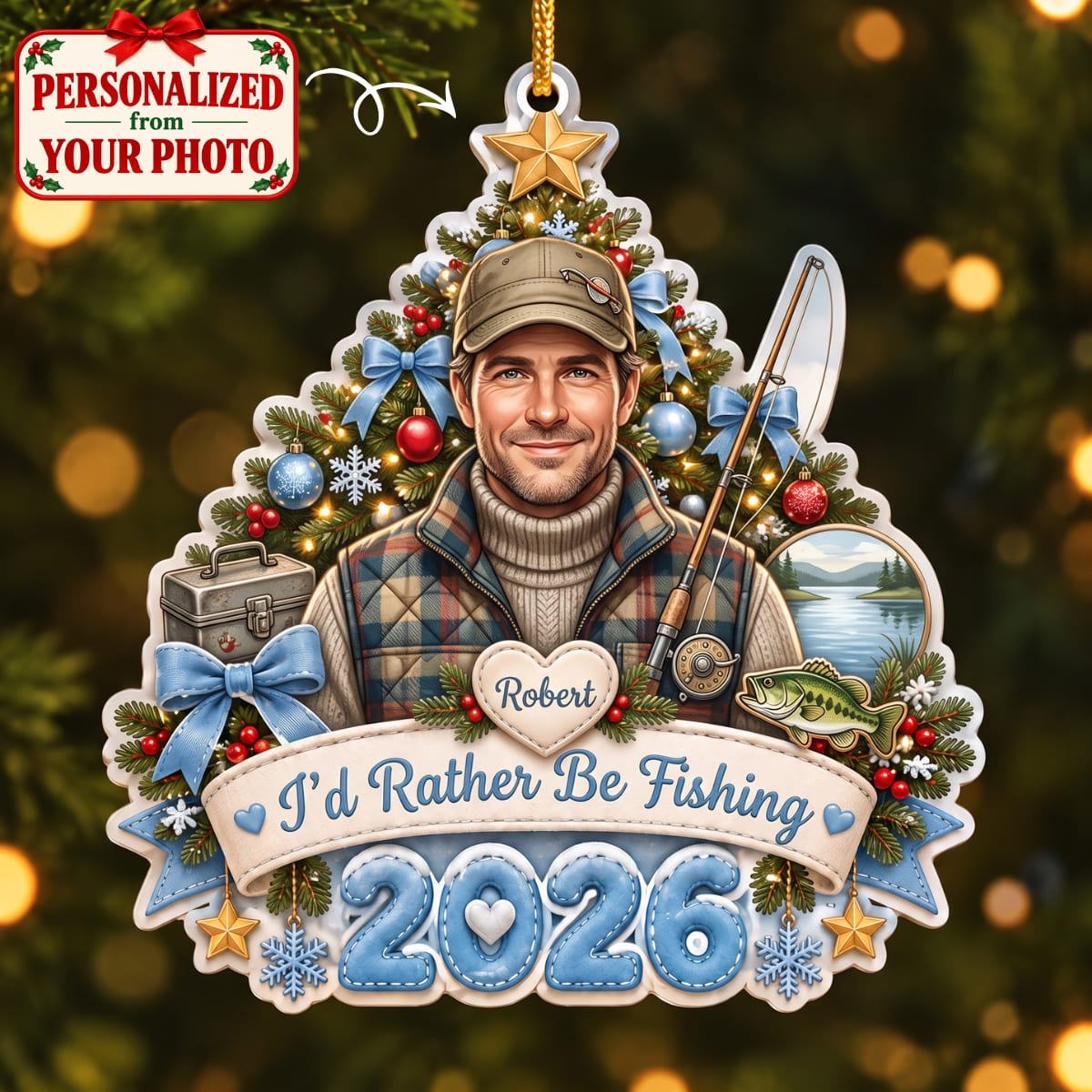 (Made In The USA) Personalized Fishing Blue Christmas Ornament - Custom Photo & Name | Christmas Gift | ONM04 Hobbies & Lifestyle