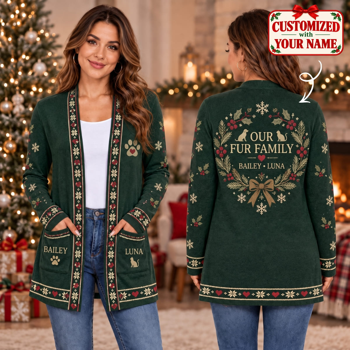 Personalized Pet Our Fur Family Long Sleeve Cardigan - Custom Name | Christmas Gift | CDG01 Pets